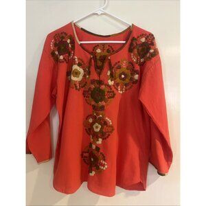 Coral Mexican Handmade Embroidered Blouse Sz M Long Sleeve Open Neck With Ties